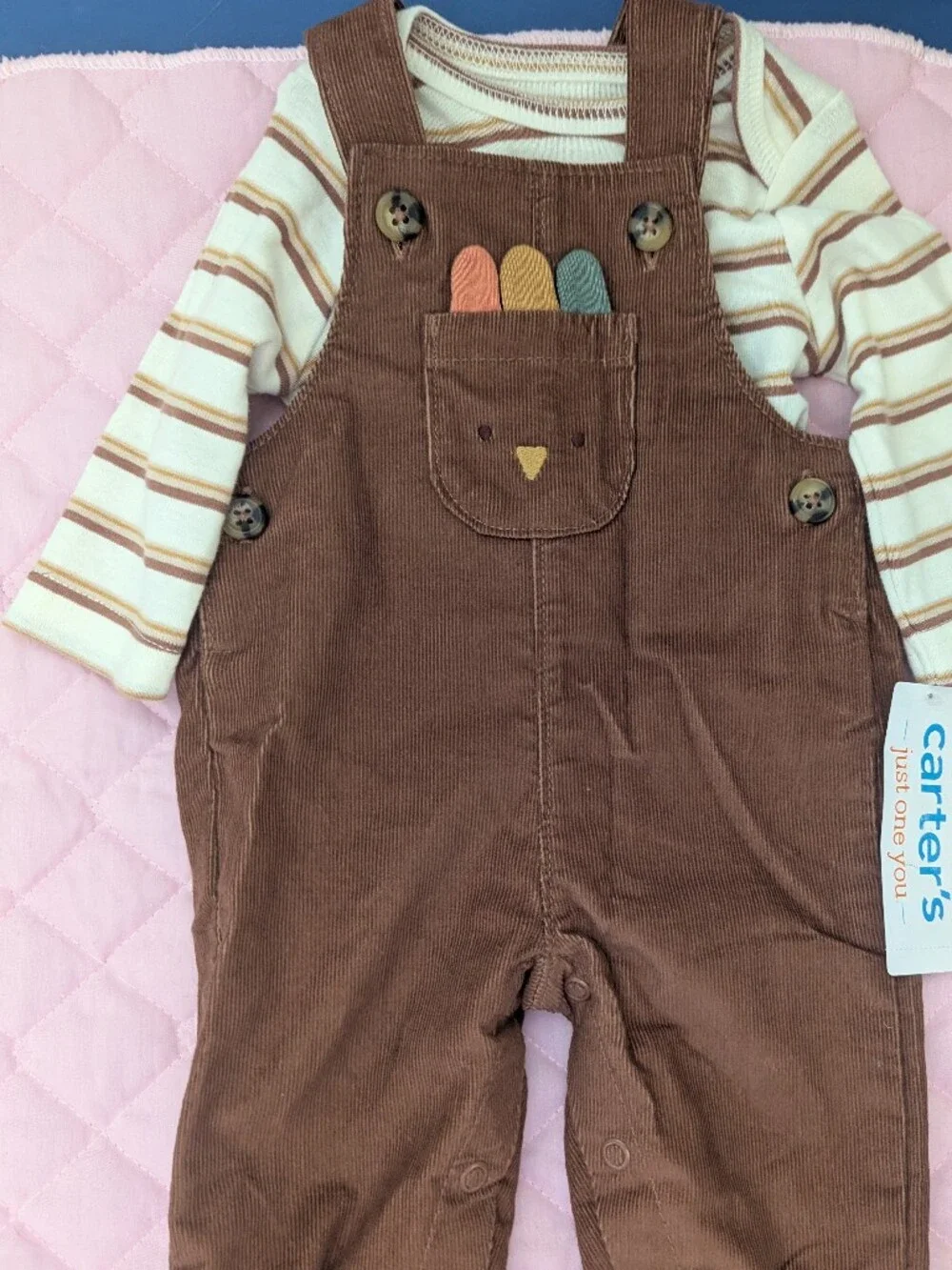 Carter's Brown Corduroy Overalls with Striped Cream Shirt
